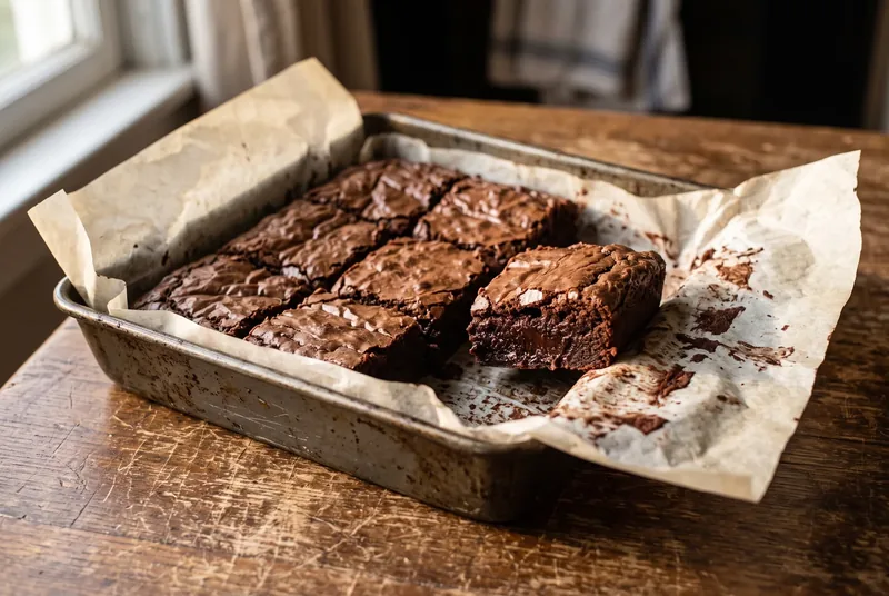 A pan of fudge brownies cut thick, one corner piece lifted out