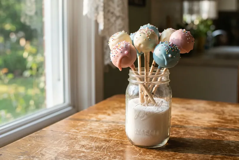 Cake pops dipped pink, white and blue, standing in a mason jar by a kitchen window