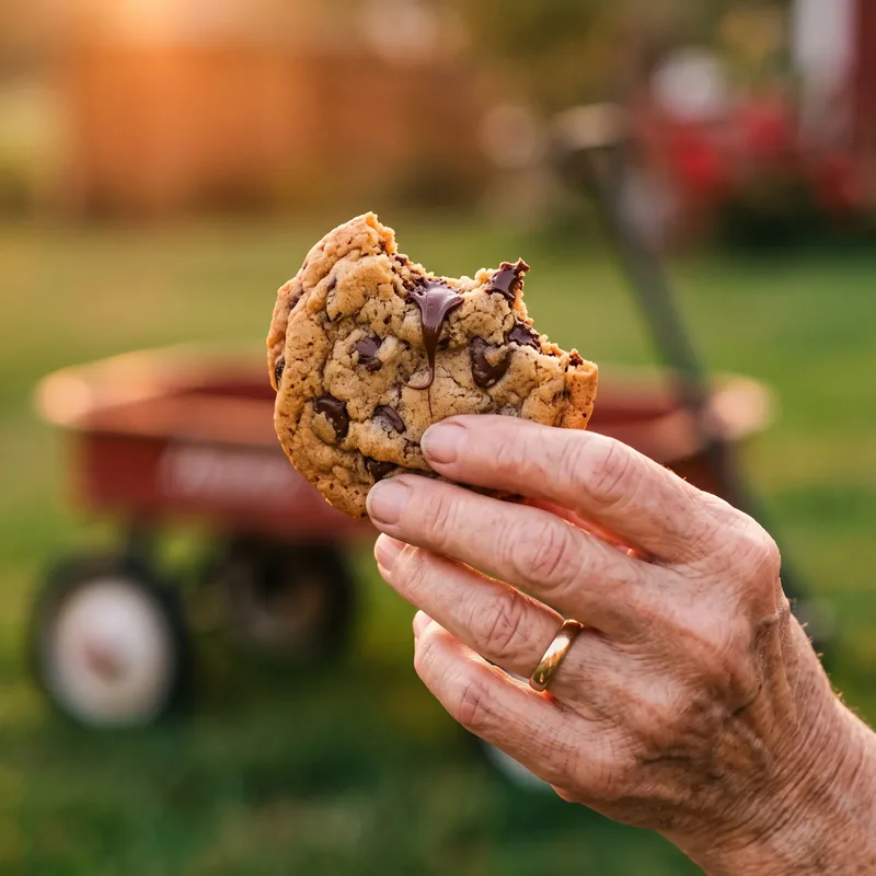 A hand holding a chocolate chip cookie with a bite taken out, the wagon out of focus behind it