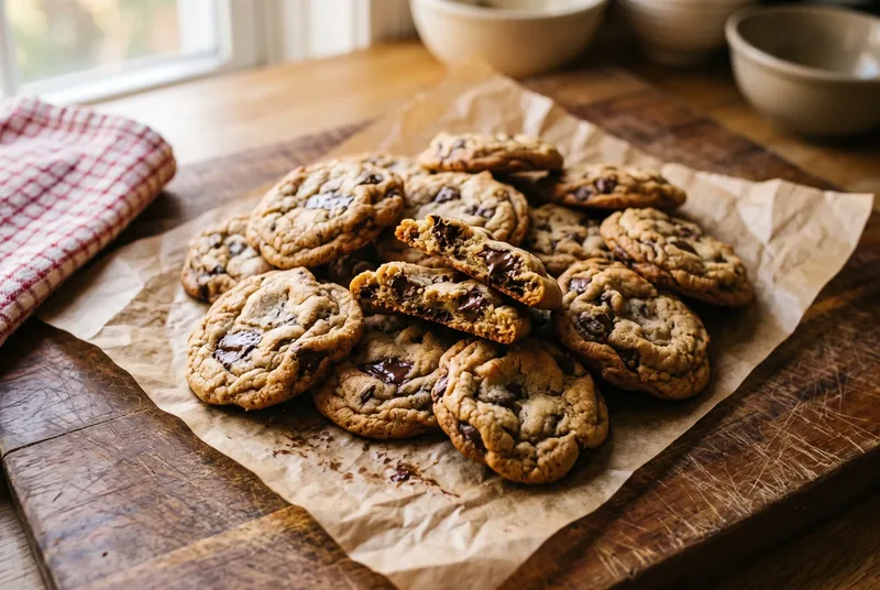 Chocolate chip cookies cooling on parchment on a wooden table