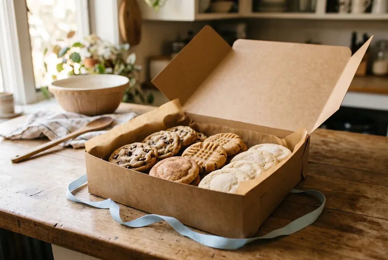 A bakery box packed with a dozen cookies, tied with a blue ribbon on the kitchen table