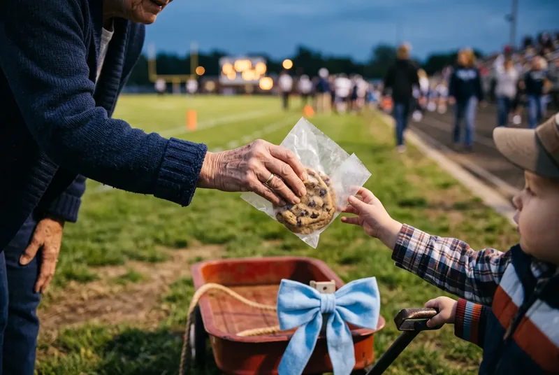 A bag of cookies handed over the side of the wagon at a ballgame