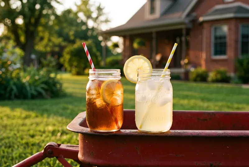 Sweet tea and lemonade in mason jars sitting on the rail of the wagon in the grass