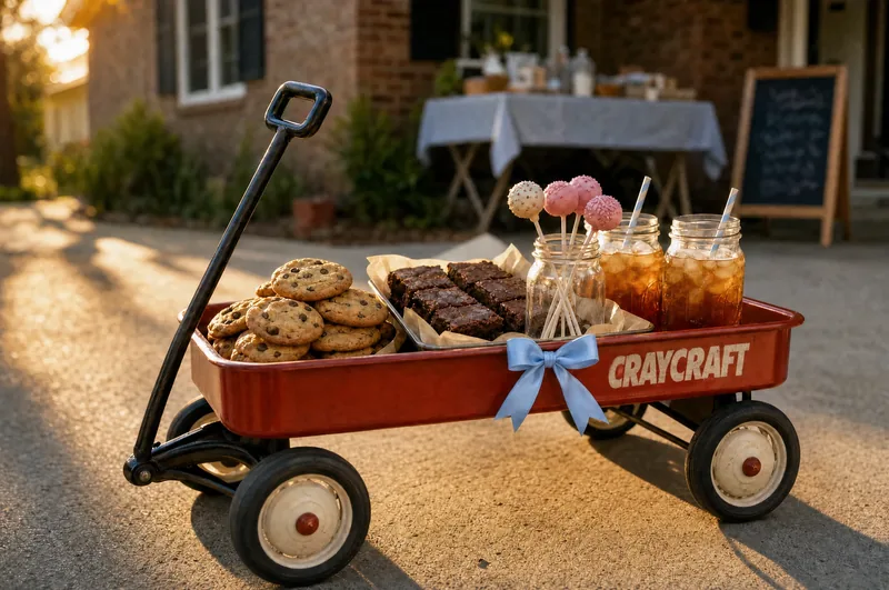 The red wagon loaded with cookies, brownies, cake pops and two jars of tea, parked in a driveway in late afternoon light